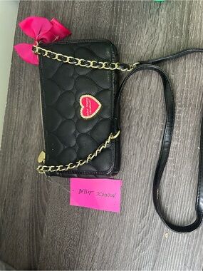 Betsey Johnson Black Quilted Crossbody Bag with Pink Heart Accent